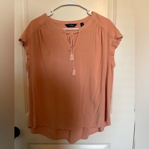 Great Northwest Indigo Peach Boho Tassel Tie Blouse. Size Large